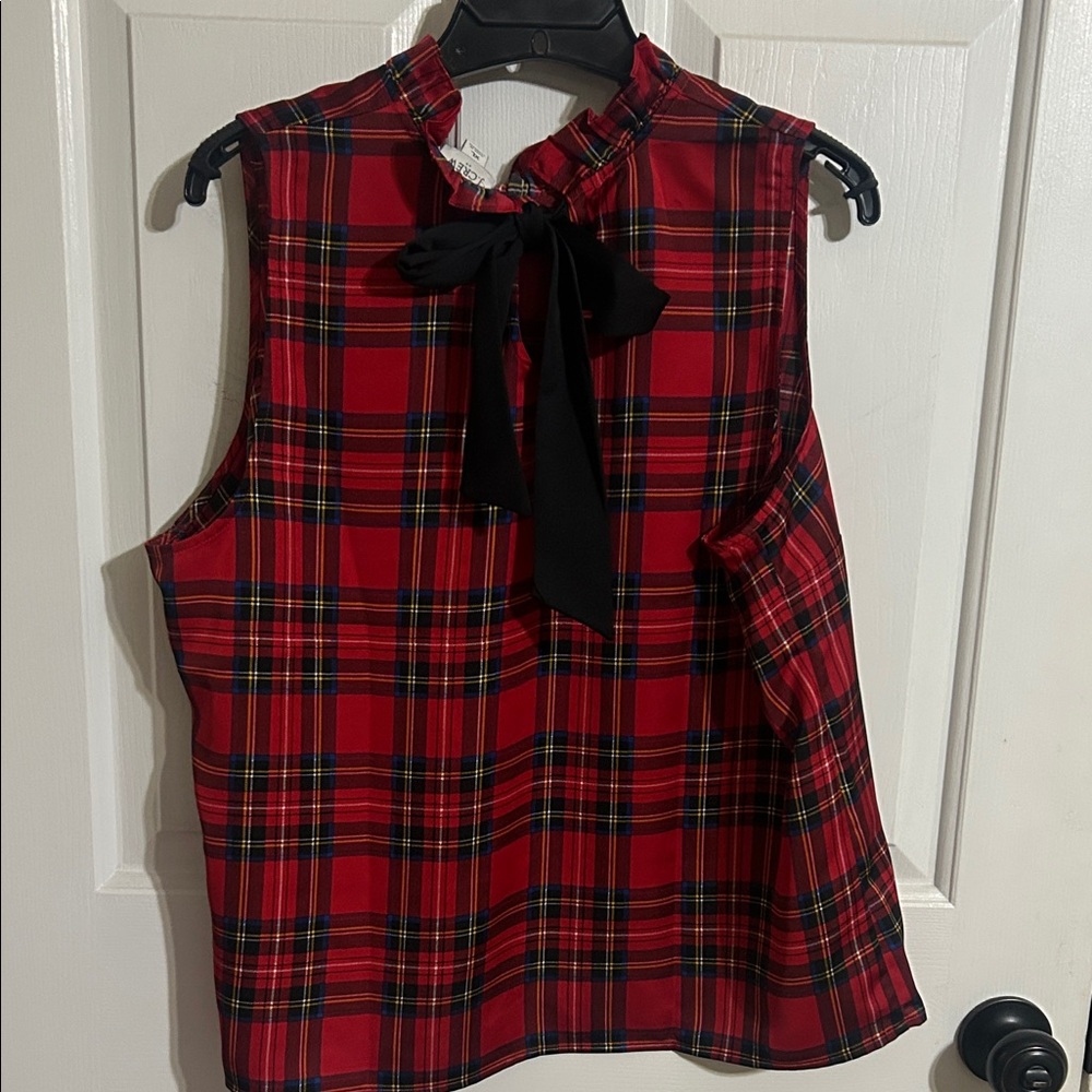 J. Crew Red Plaid Blouse with Black Bow